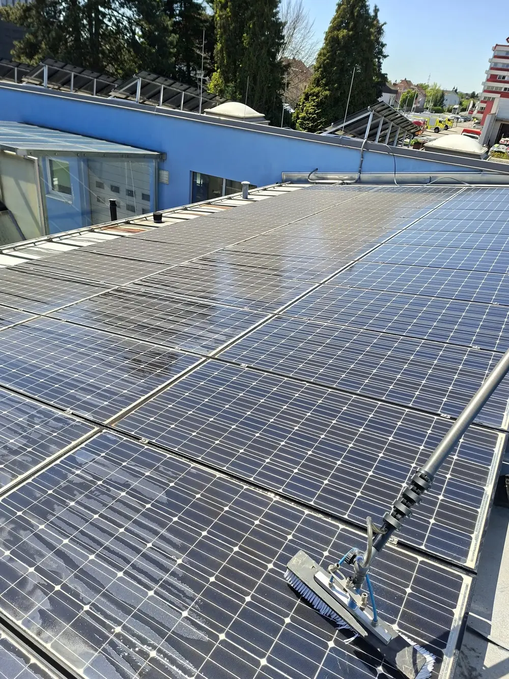 Reinigungsbürste auf nassen PV-Paneelen bei Neidlinger Kunststoffe.